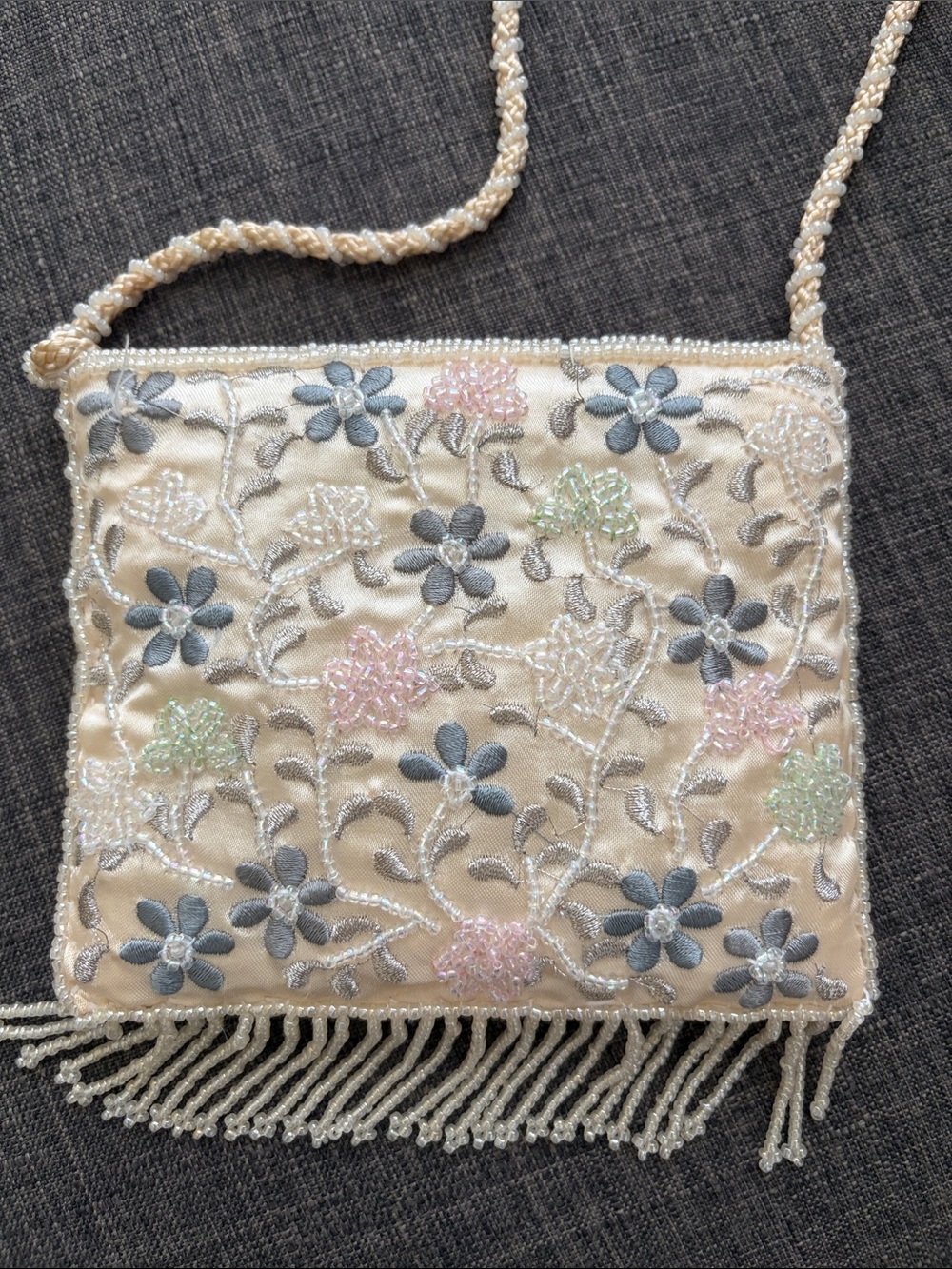 Vintage La Regina Beaded Floral Evening Bag Ivory Pastel Embroidered Fringe